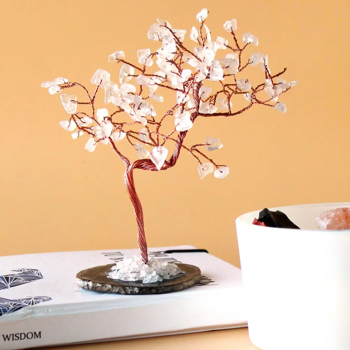 Large gemstone decor piece featuring rock quartz tree with 100 stones on black agate base