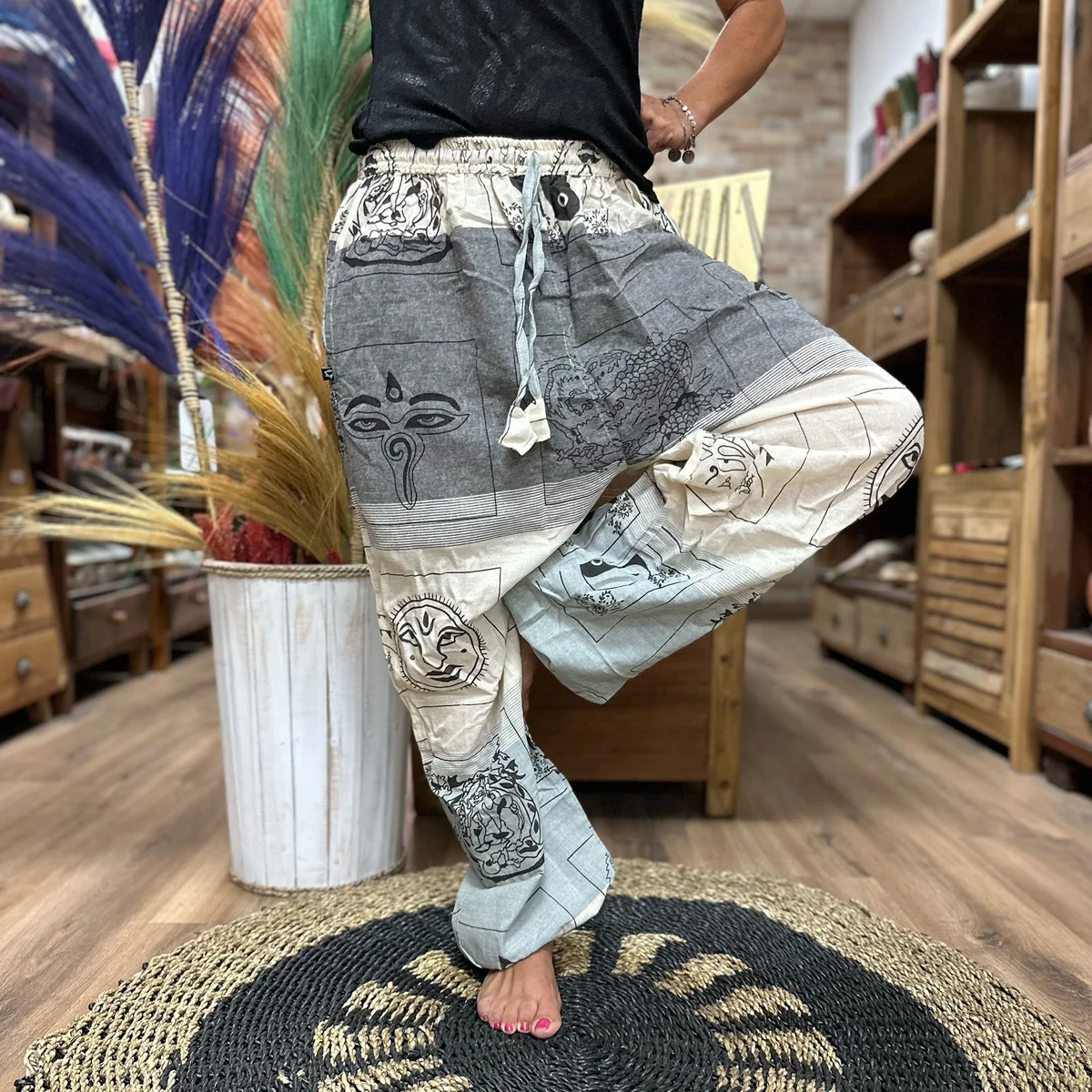 Grey yoga festival pants with high cross Himalayan print, loose fit for yoga and festivals, comfortable style
