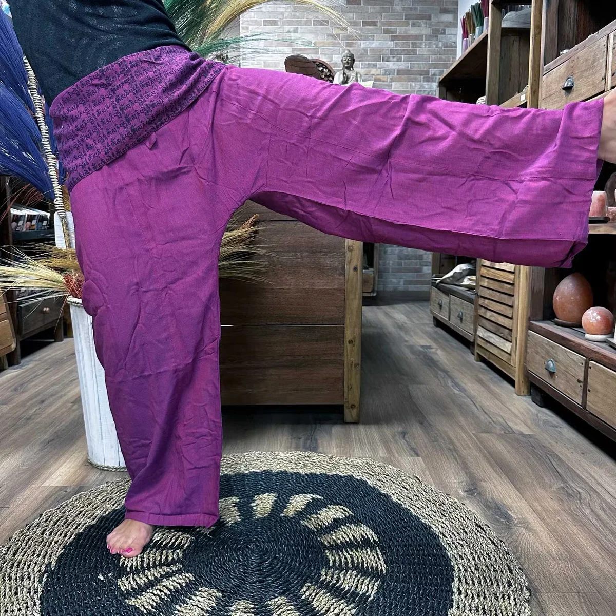 Purple festival trousers with Thai fisherman mandala mantra design, loose fit suitable for yoga and festivals