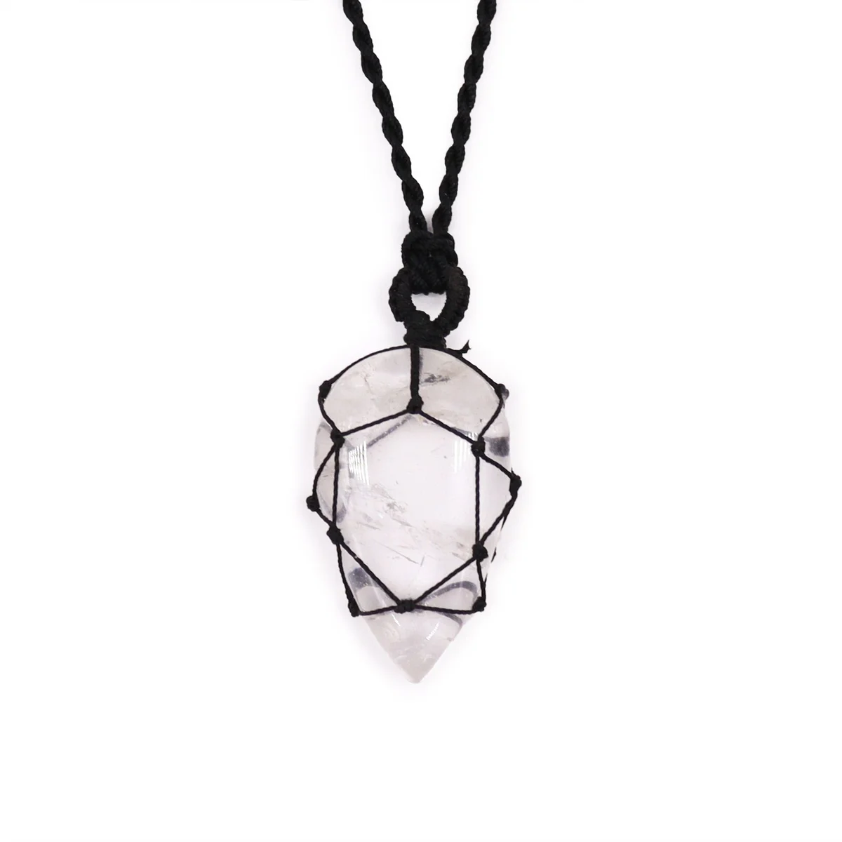 Laced teardrop-shaped rock quartz pendant with intricate gemstone detailing on a delicate chain