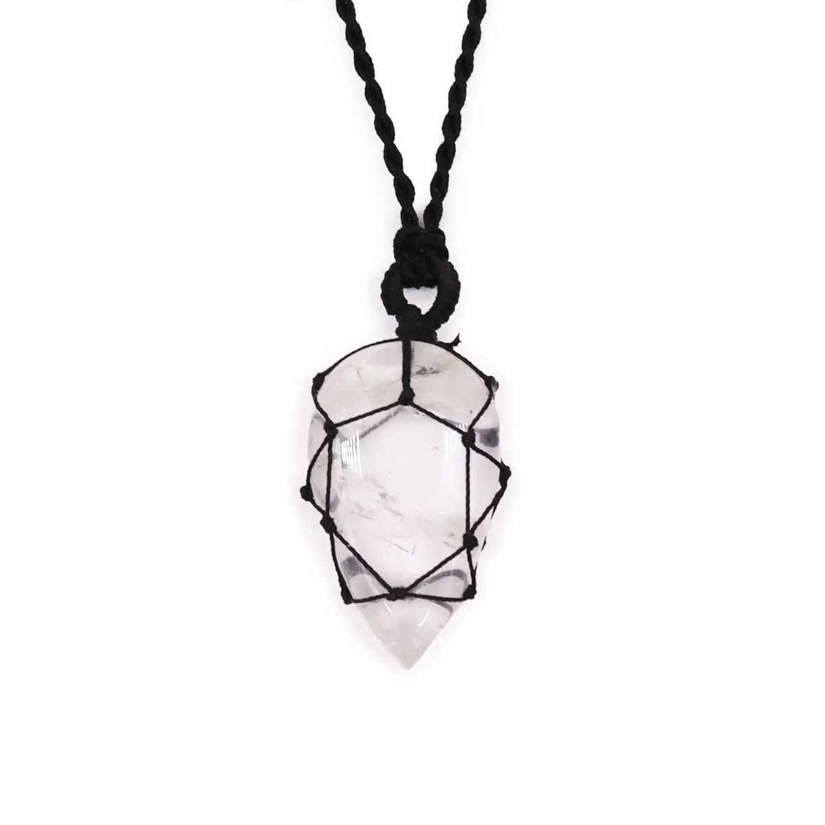 Laced teardrop gemstone pendant featuring clear rock quartz on a delicate silver chain against white background