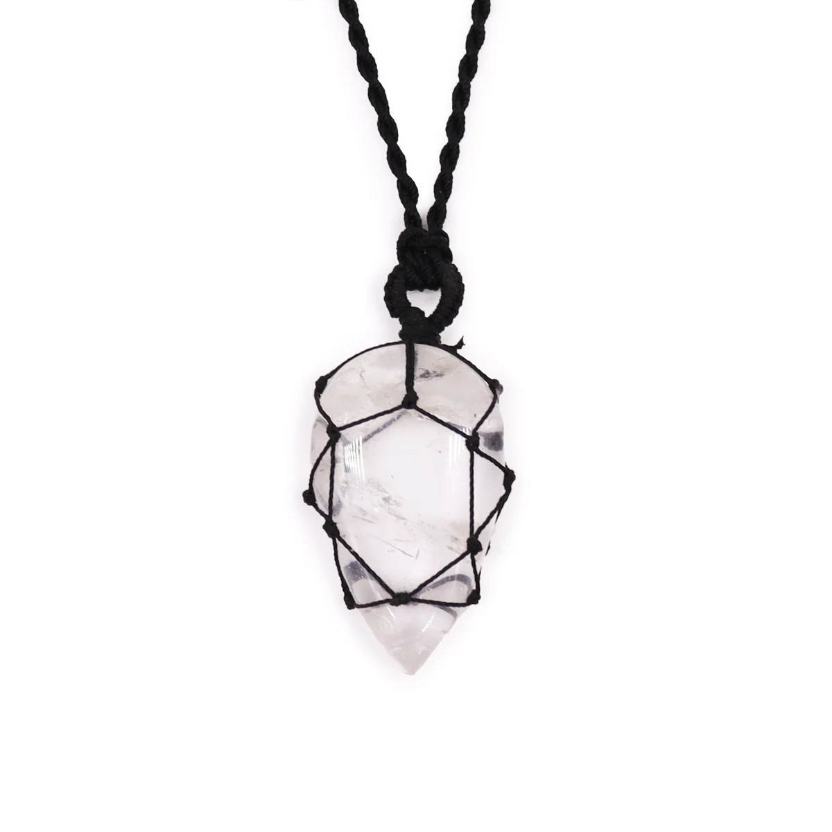 Close-up of laced gemstone necklace featuring a teardrop-shaped rock quartz pendant with intricate laced design