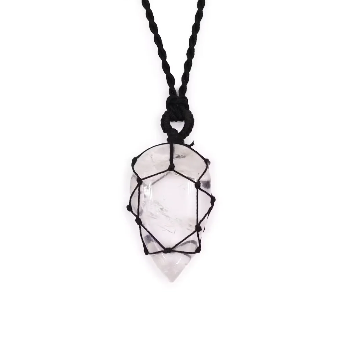 Laced rock quartz teardrop pendant with delicate metal detailing, showcasing quartz teardrop jewellery design