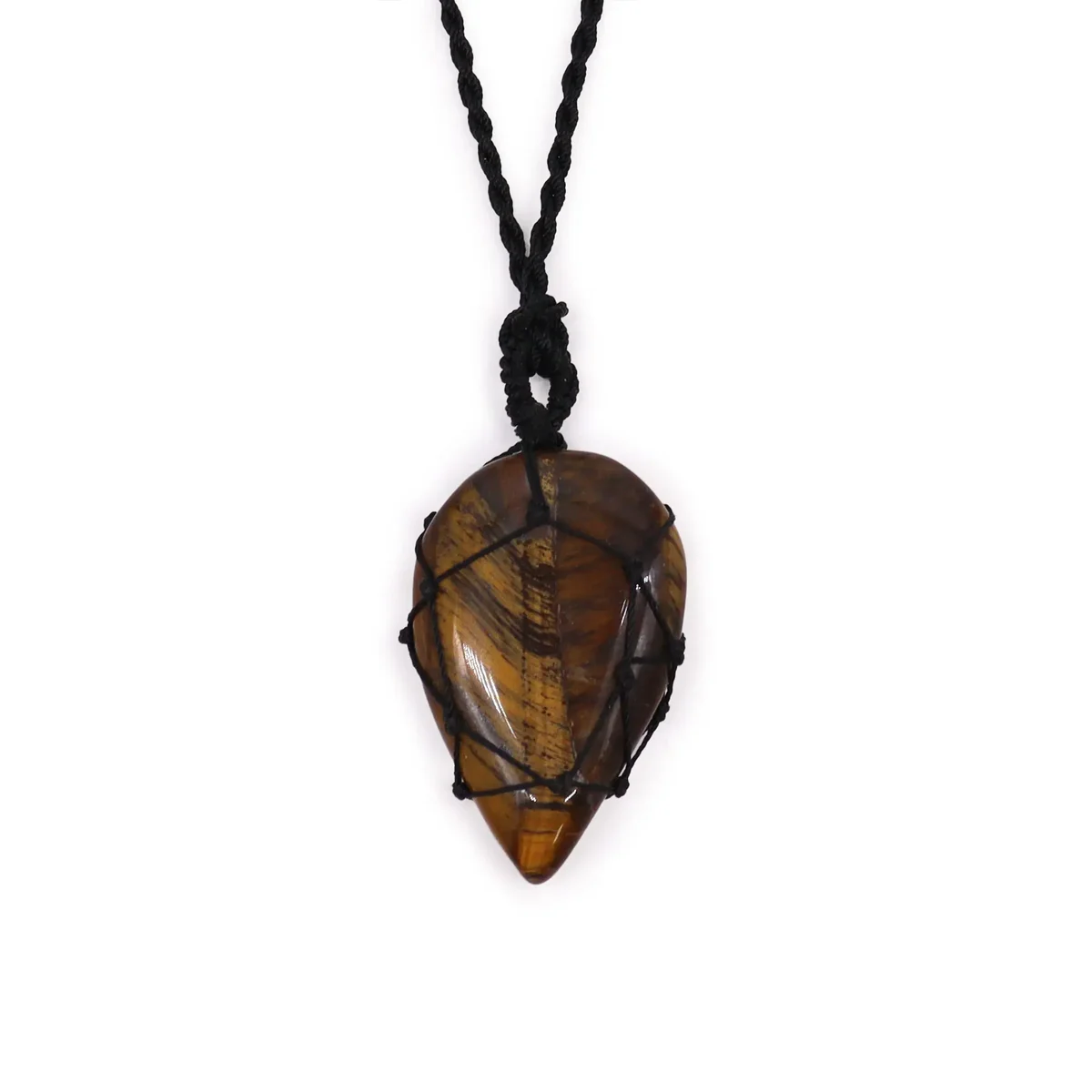 Laced tigereye gemstone teardrop pendant with intricate detailing on a silver chain against white background