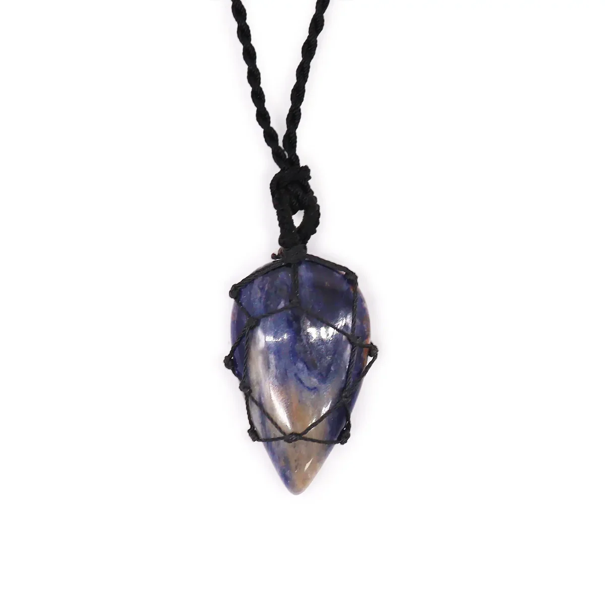 Laced blue sodalite gemstone teardrop pendant on a silver chain against a white background