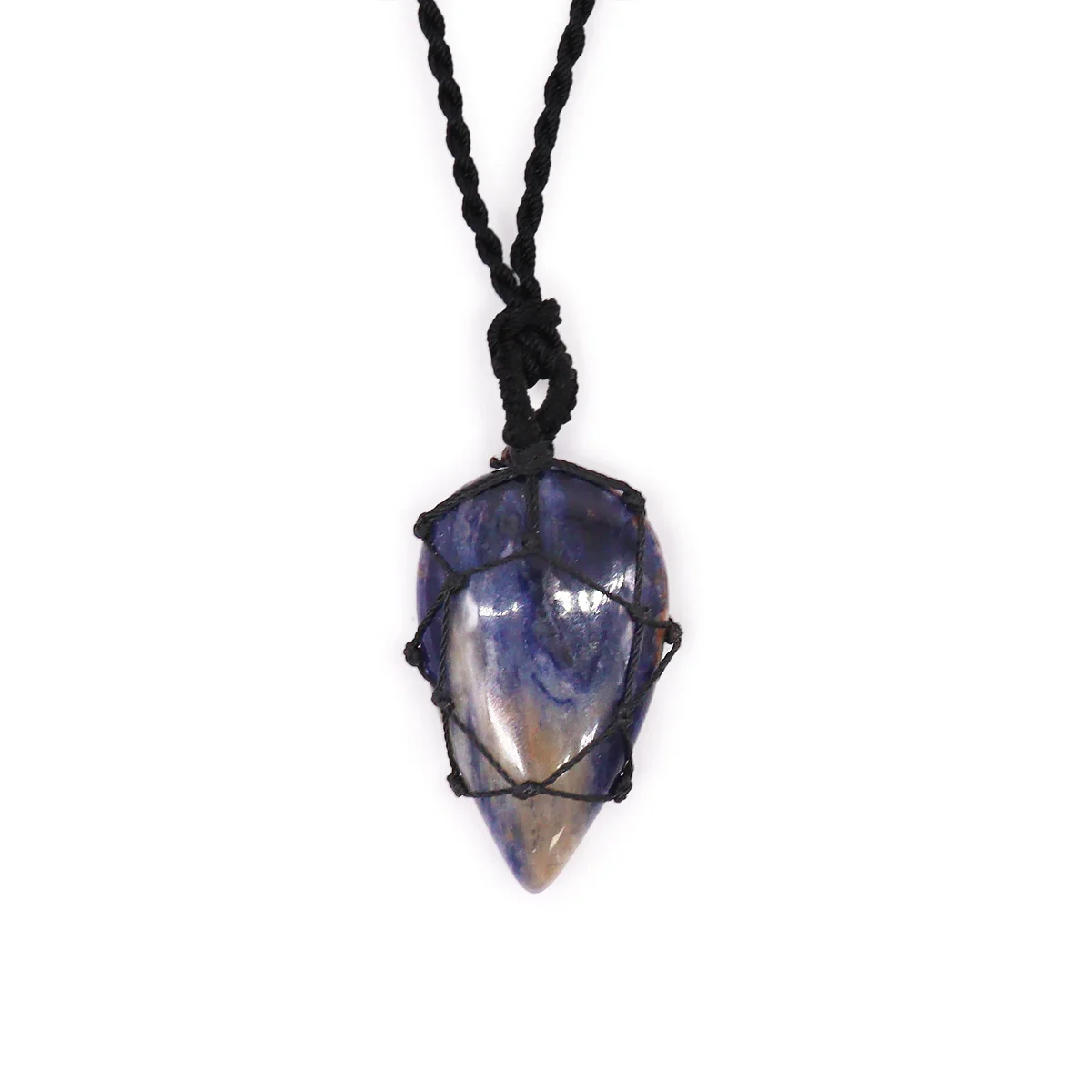 Laced gemstone necklace featuring a sodalite teardrop pendant with intricate laced detailing on silver chain