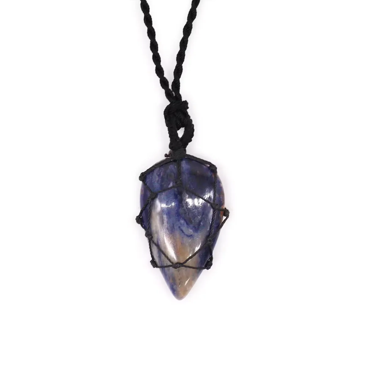 Laced teardrop pendant featuring polished blue sodalite gemstone on a delicate silver chain blue sodalite jewellery