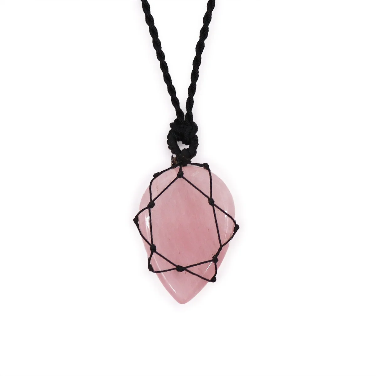 Laced teardrop rose quartz pendant with delicate gemstone detailing on a silver chain against white background