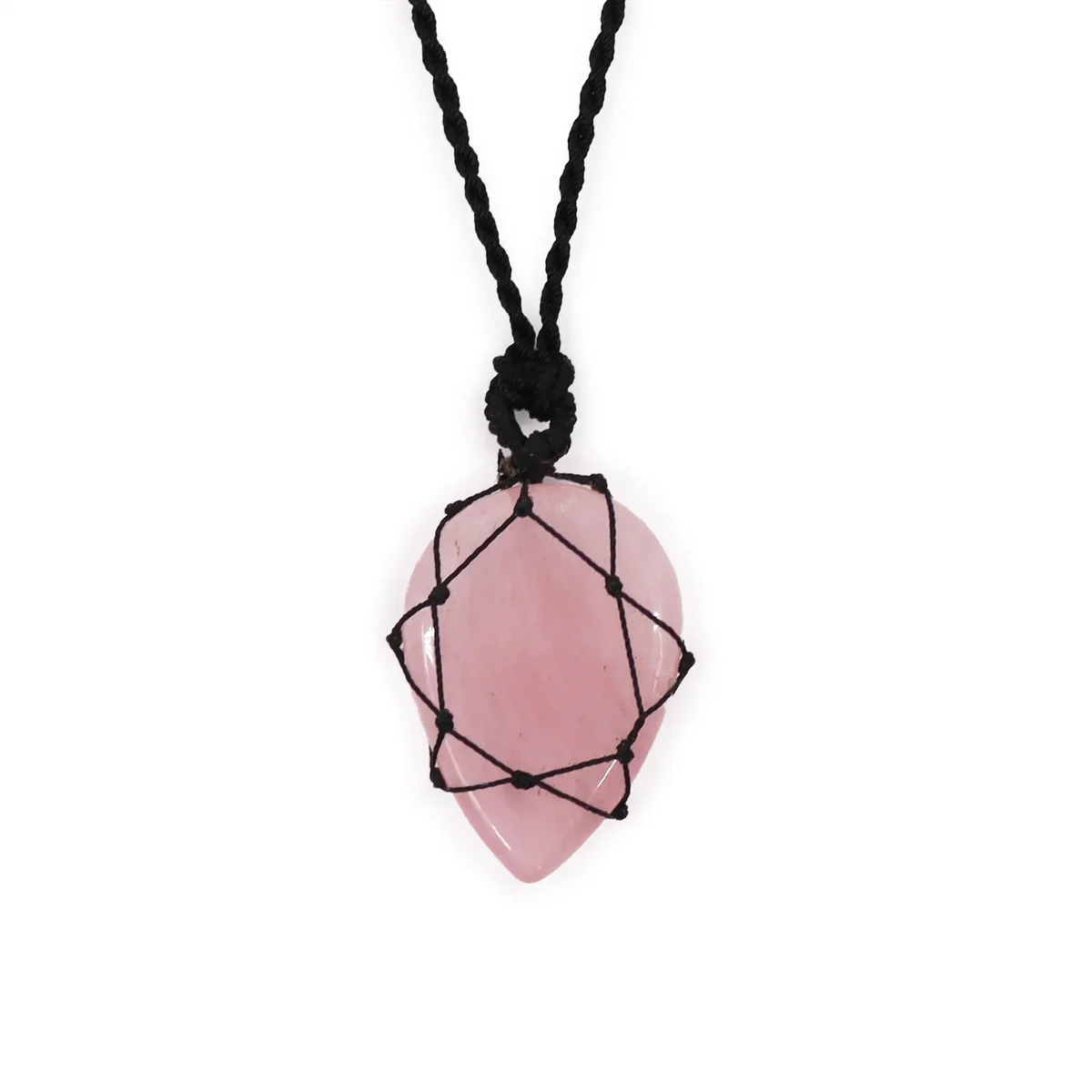 Laced rose quartz teardrop gemstone pendant on a delicate silver chain against a white background