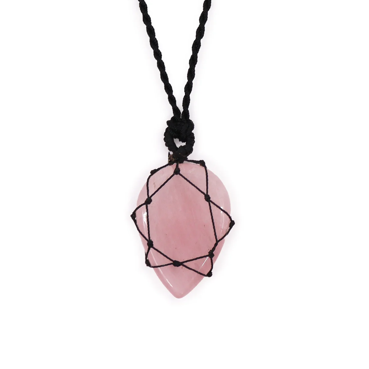Rose quartz teardrop pendant with delicate laced design on a silver chain laced gemstone necklace close-up view