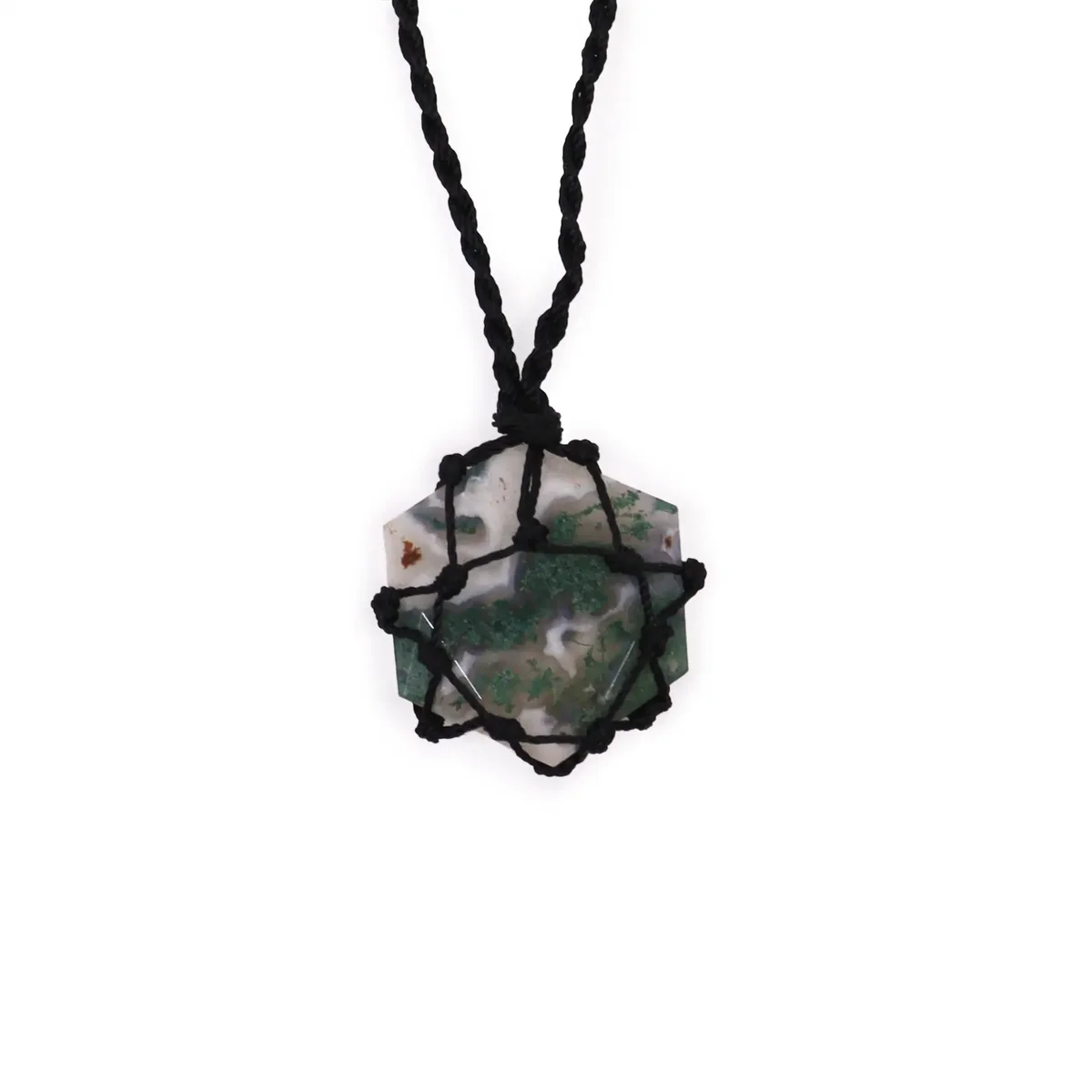 Hexagon gemstone pendant with laced design featuring green moss agate stone on a silver chain