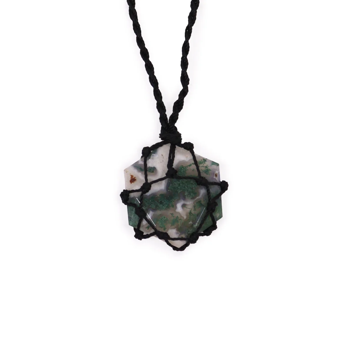 Laced gemstone necklace featuring a hexagon pendant with green and white moss agate stone on a silver chain