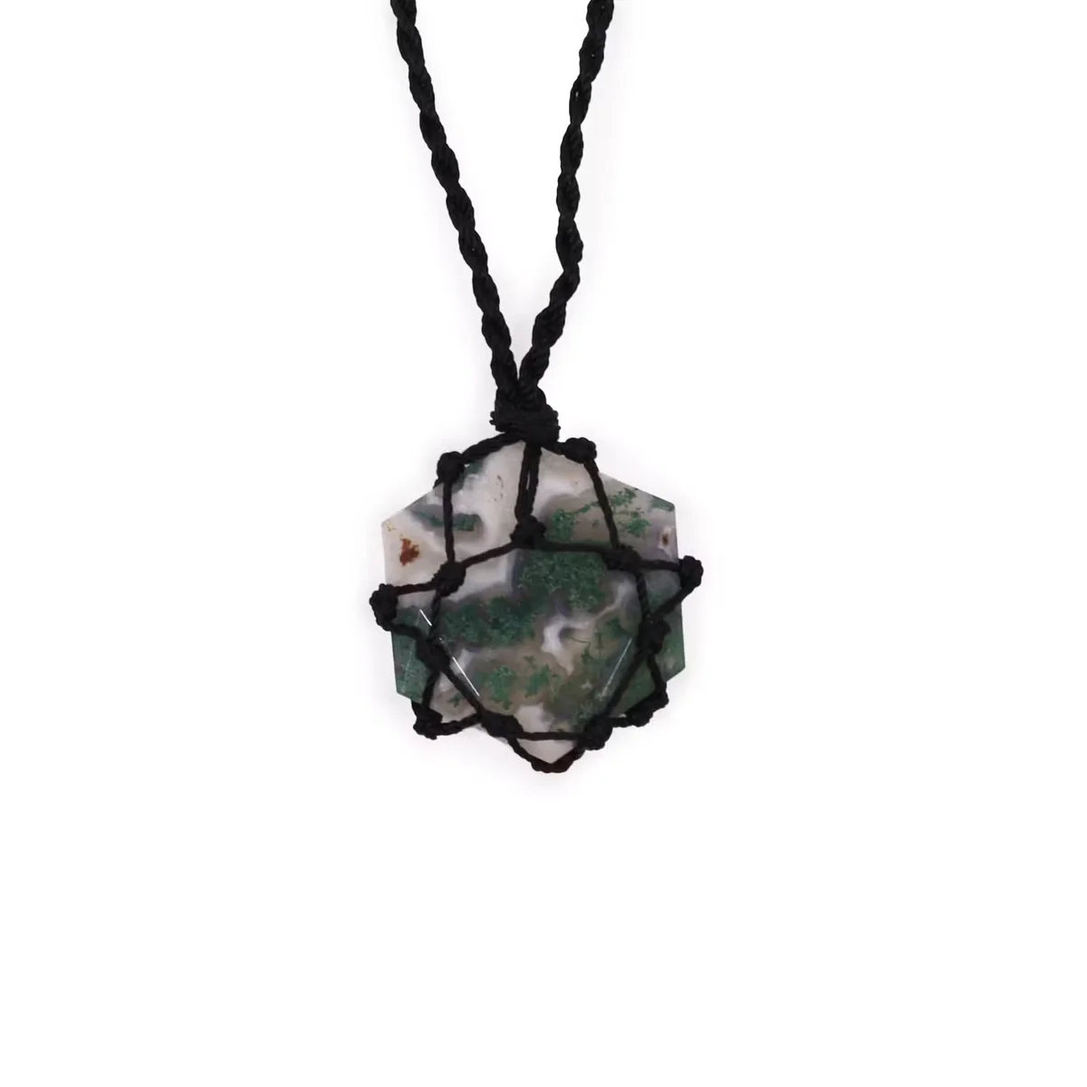 Hexagon pendant with laced natural moss agate stone set in silver, showcasing natural moss agate jewellery design