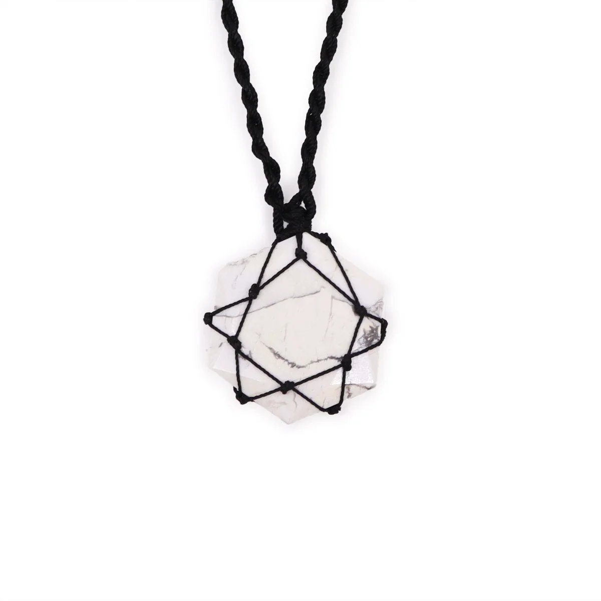 Laced hexagon-shaped white howlite pendant with intricate gemstone detailing on a delicate chain