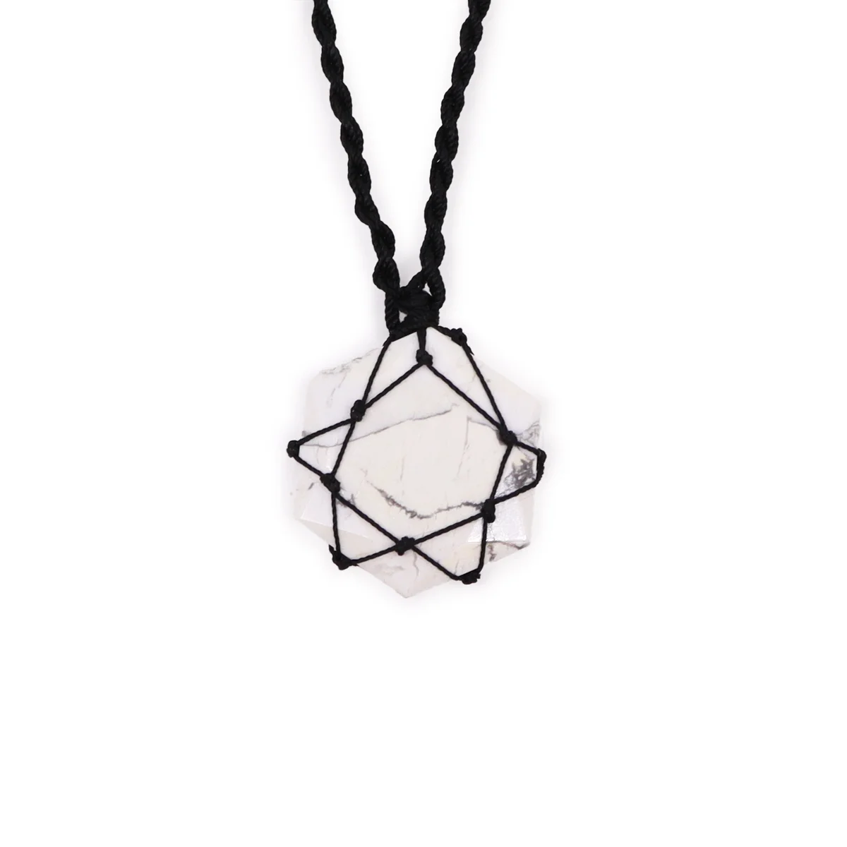 Laced gemstone necklace featuring a hexagon pendant with white howlite stone on a delicate chain against white background
