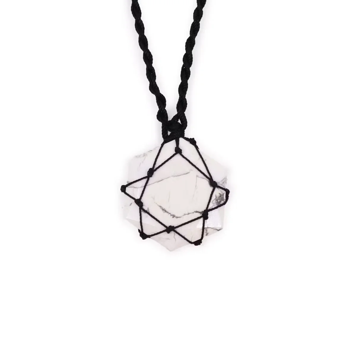 Hexagon pendant with white howlite gemstone and laced design, part of white howlite jewellery collection, on white background