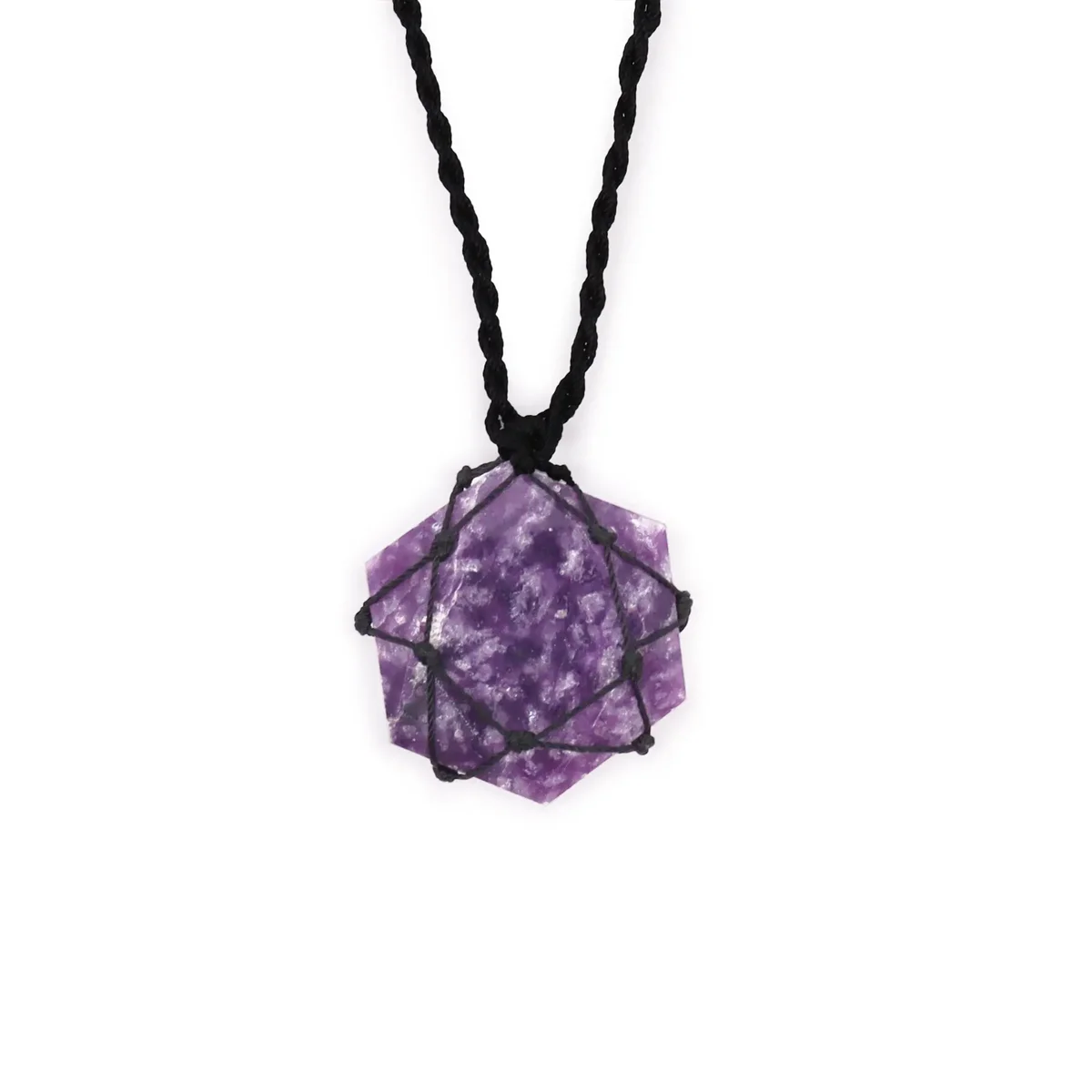 Hexagon gemstone pendant featuring a laced design with purple Lepidolite stone on a silver chain