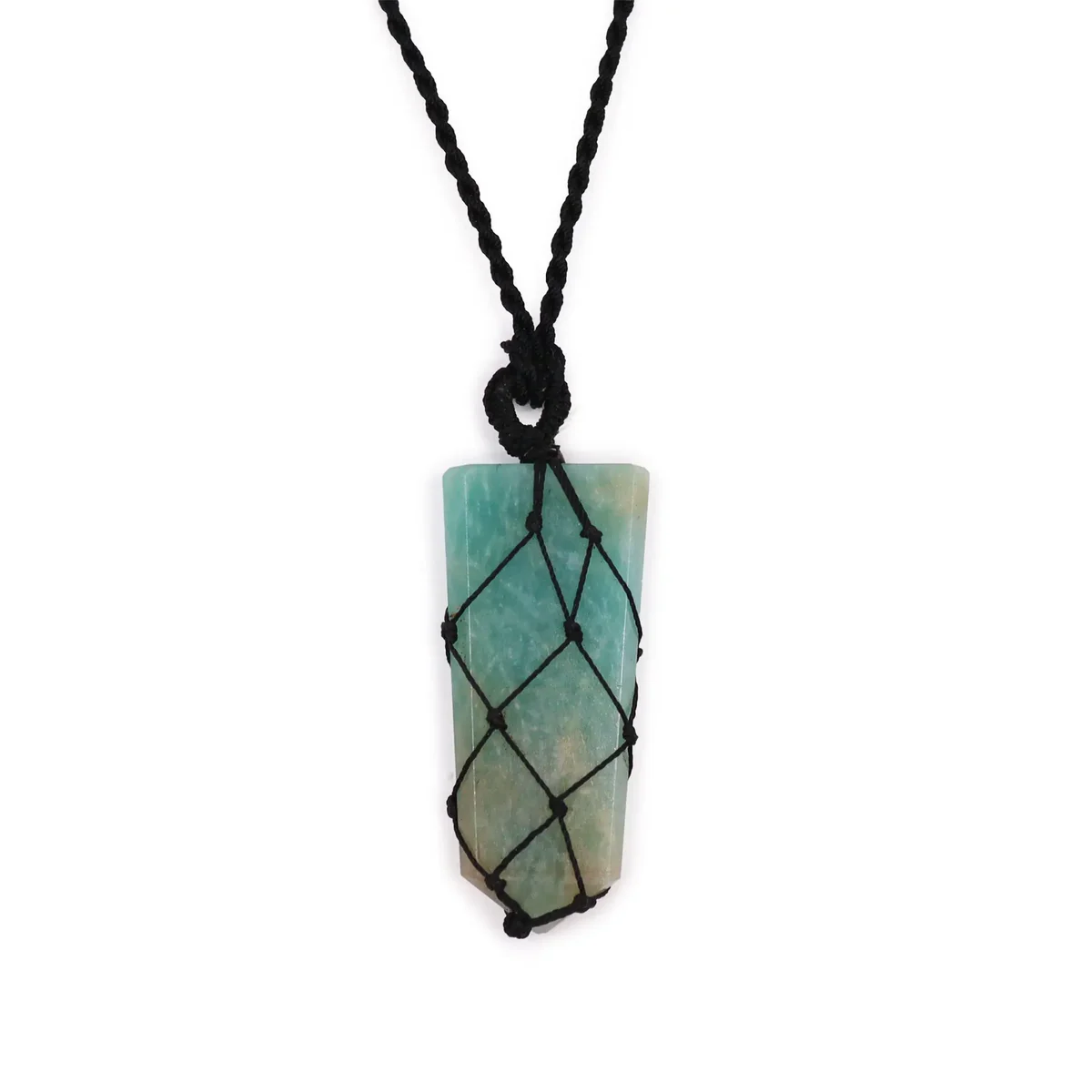 Laced Amazonite flat point pendant with gemstone detail on a silver chain against a white background