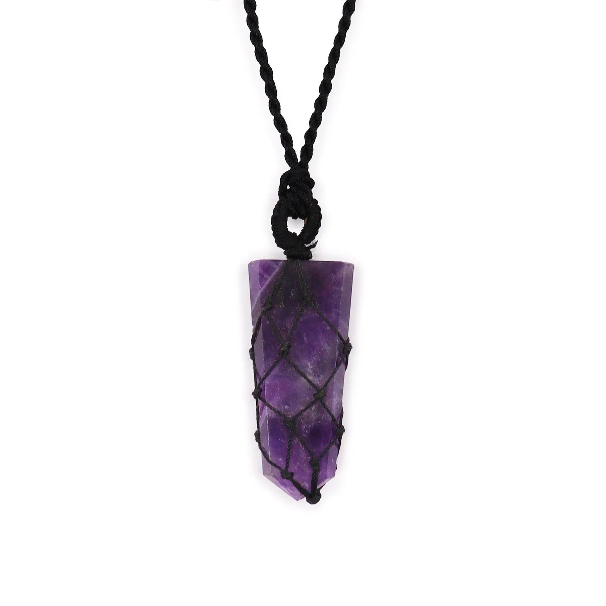 Laced flat point amethyst pendant necklace with gemstone detail on a delicate chain against white background