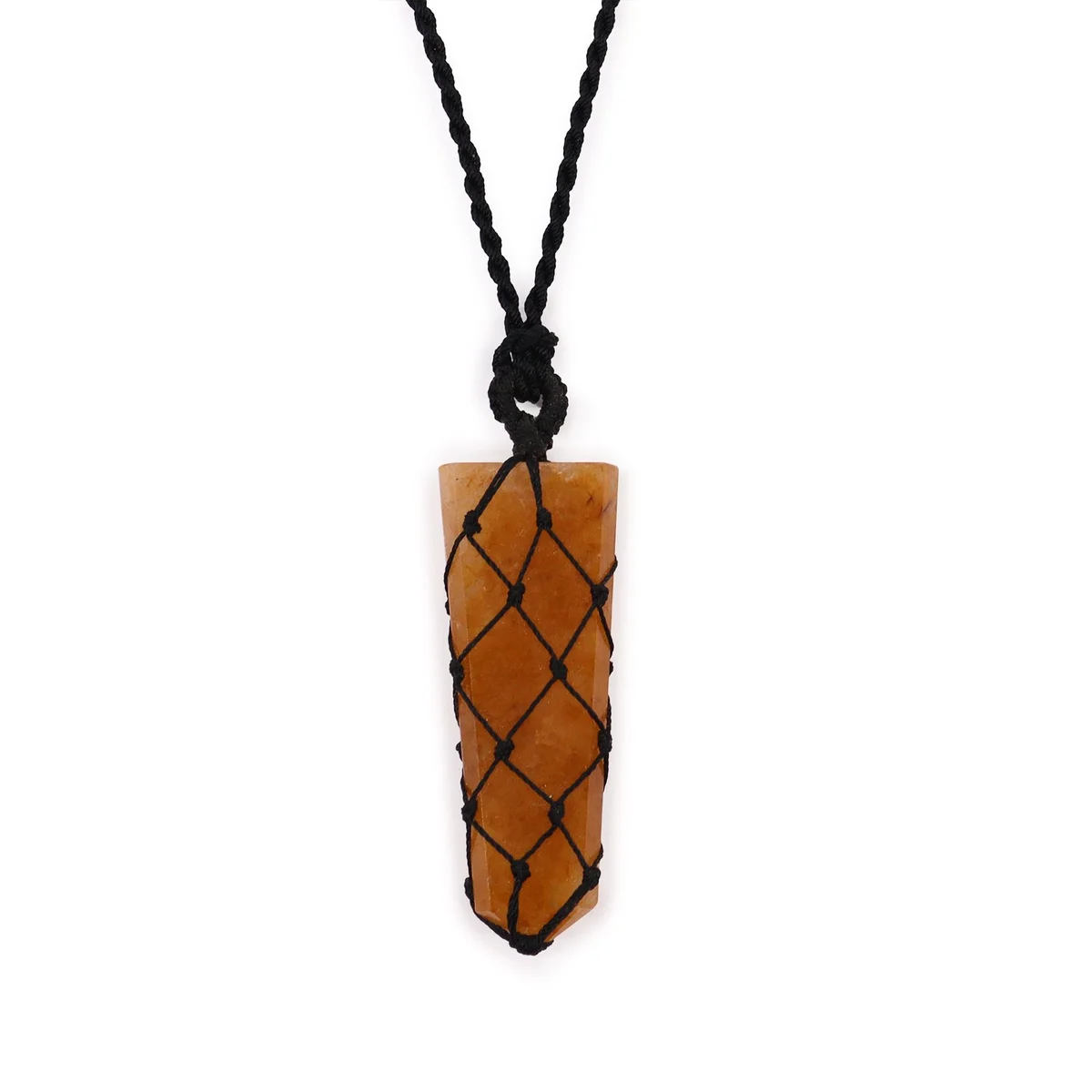 Laced flat point golden quartz pendant with gemstone detailing on a white background