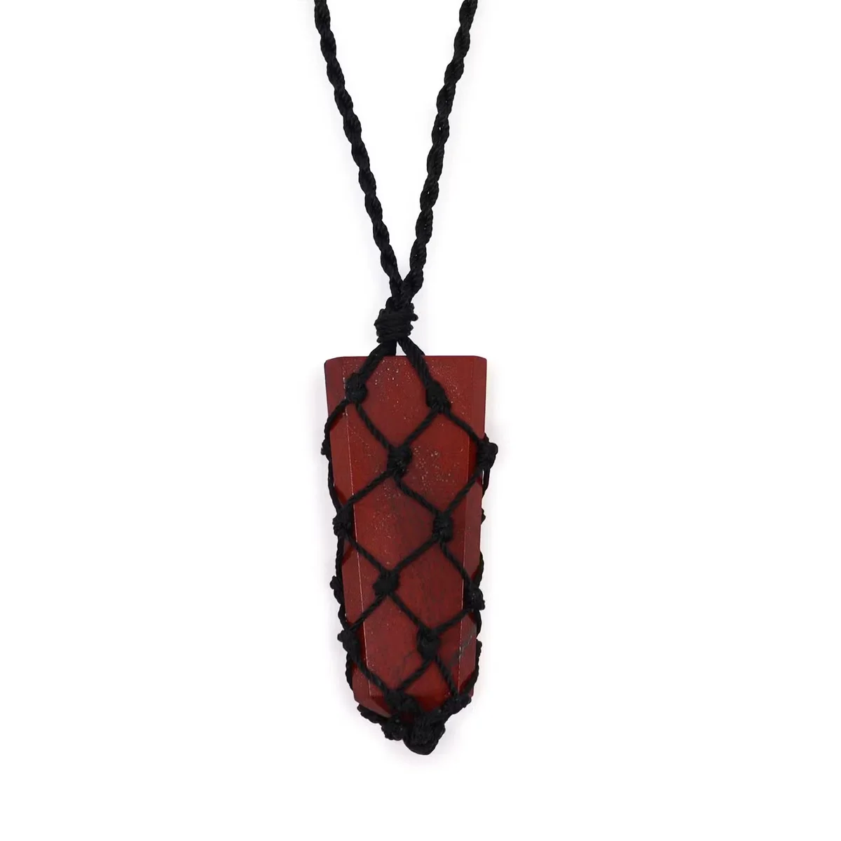 Red Jasper laced flat point pendant on a chain, a gemstone jewellery gift with deep red hues and smooth finish