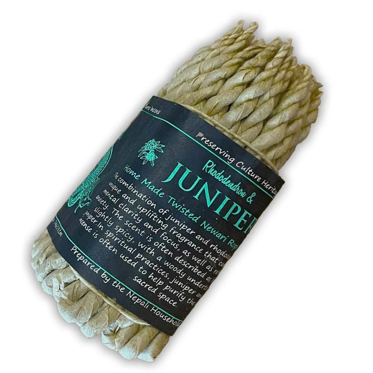 Coiled Pure Herbs rope incense in rhododendron and juniper scent on a white background