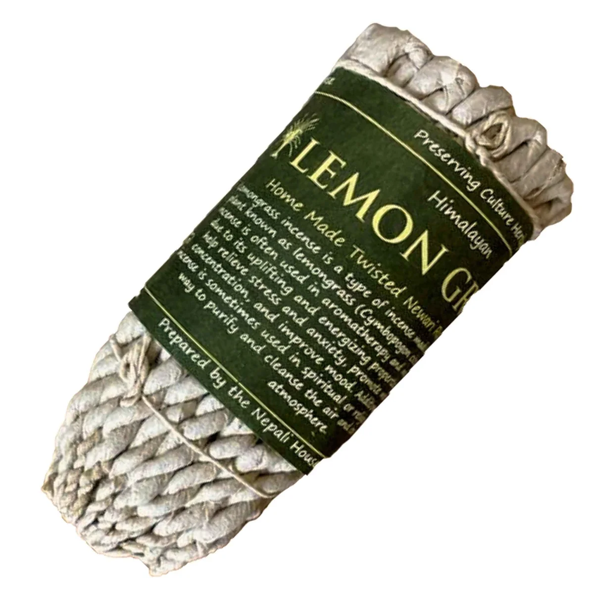 Bundle of green lemongrass rope incense sticks neatly coiled against a white background