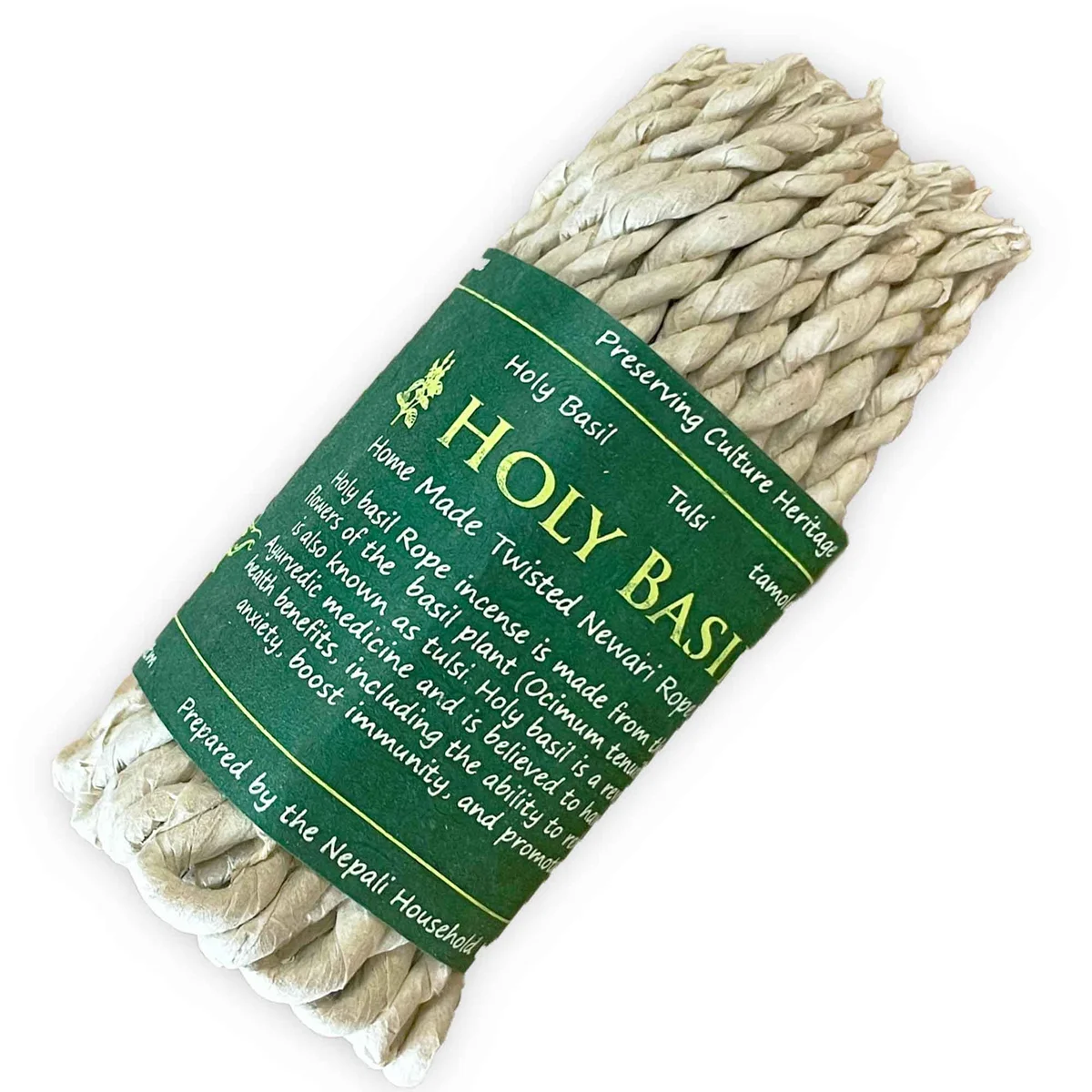 Close-up of Pure Herbs Holy Basil rope incense sticks coiled and ready for use on a white background