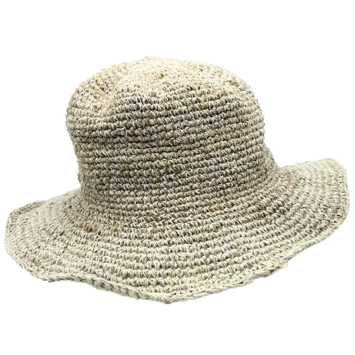 Natural hand-knitted hat made from hemp and cotton with a boho festival style design
