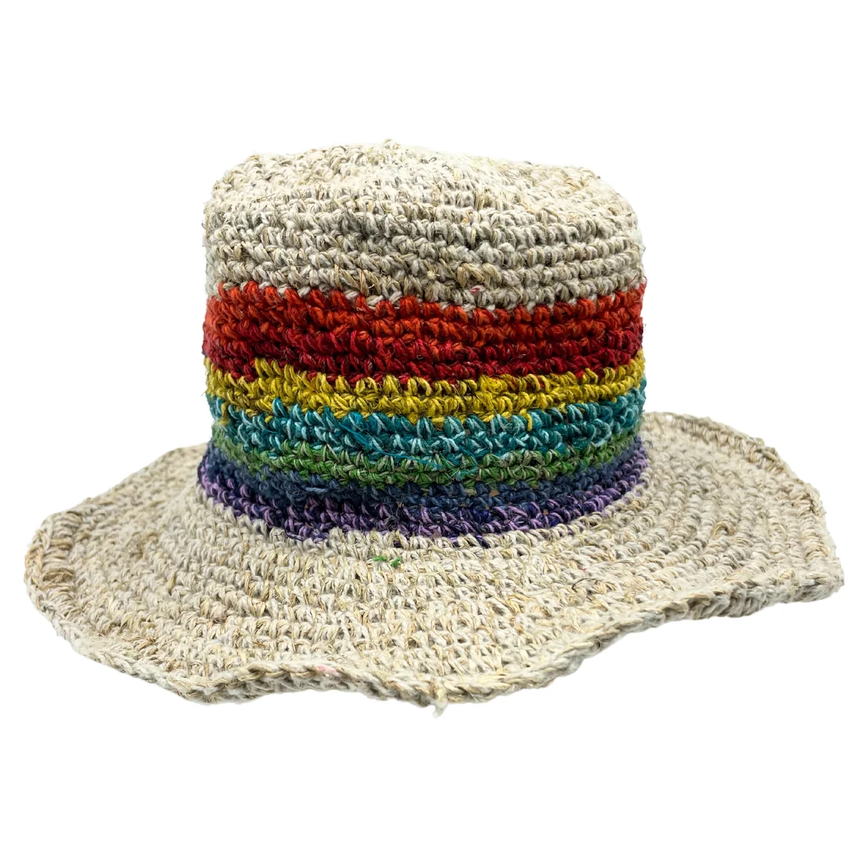 Hand-knitted rainbow cotton boho hat made from hemp and cotton, styled for festival wear, shown on white background