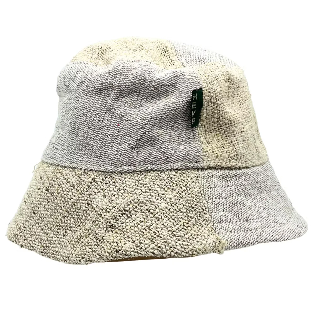 Natural patched boho hat made from hemp and cotton, featuring a festival style with stitched patchwork design