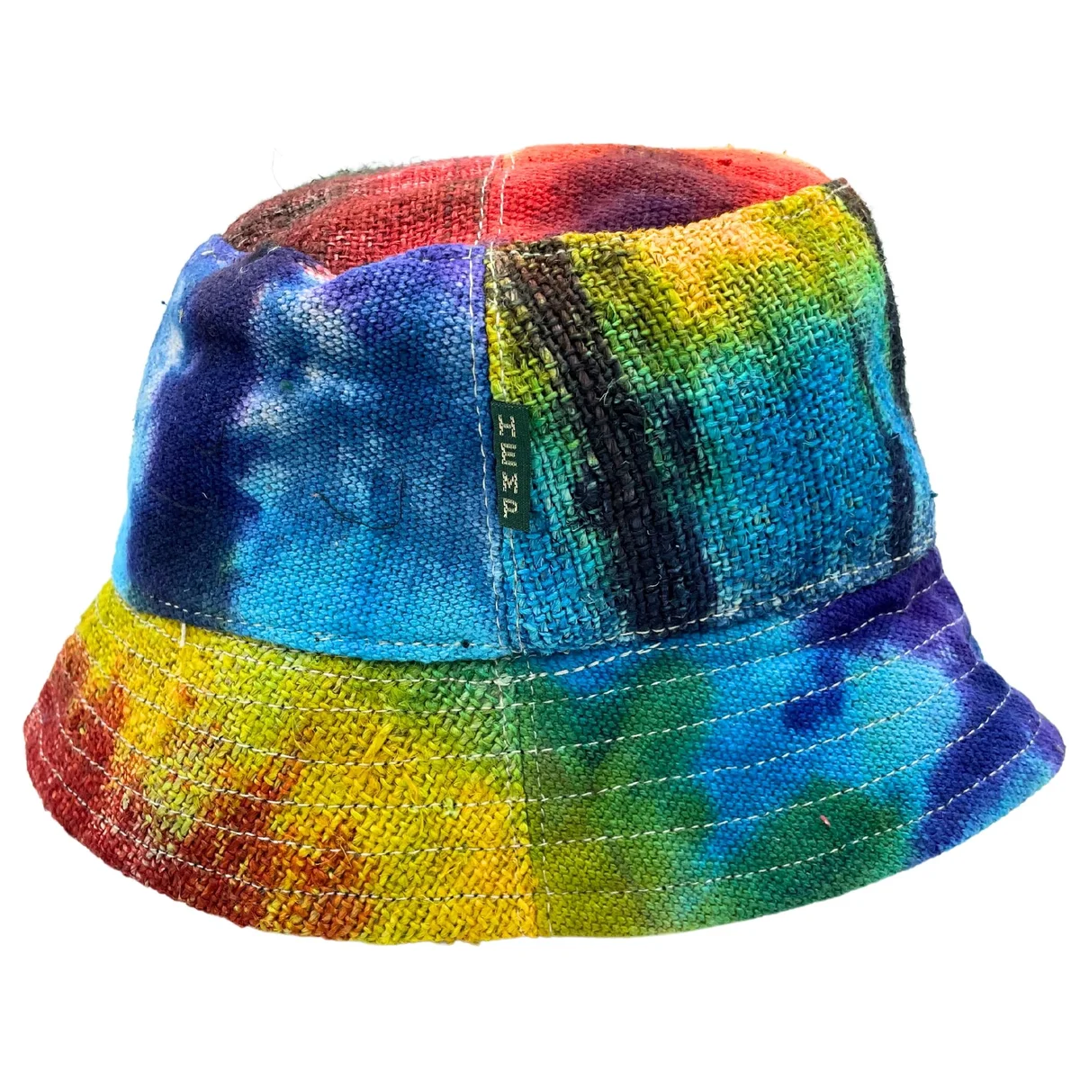 Tiedye patched hemp and cotton boho festival hat with multicolored panels and casual style