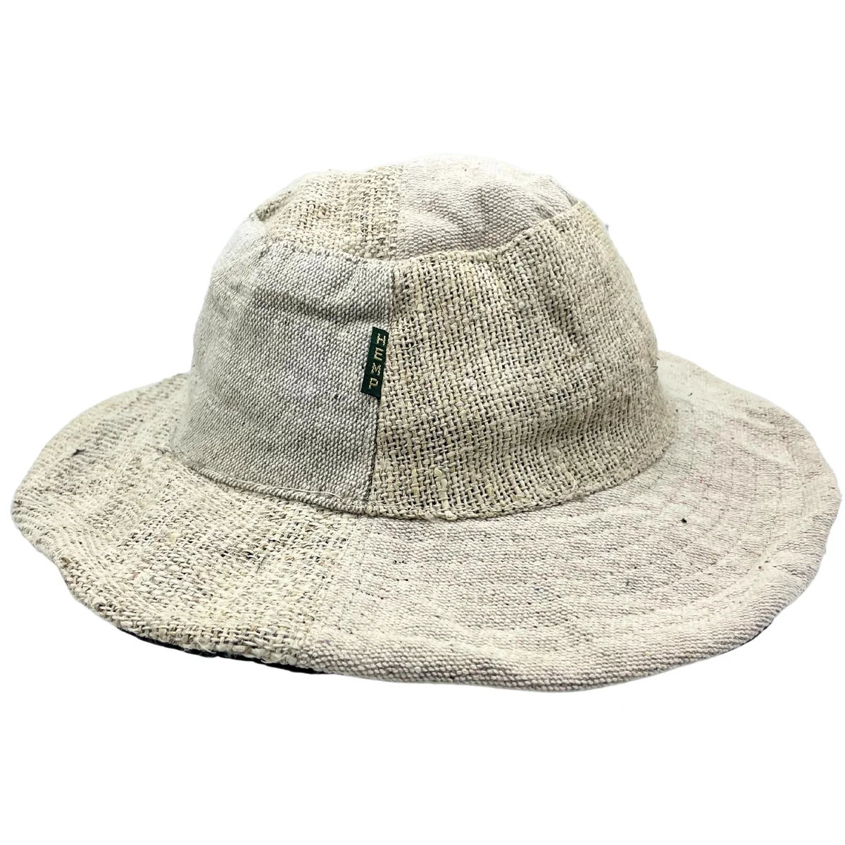 Natural boho festival hat made from patched and wired hemp and cotton with a relaxed, casual style