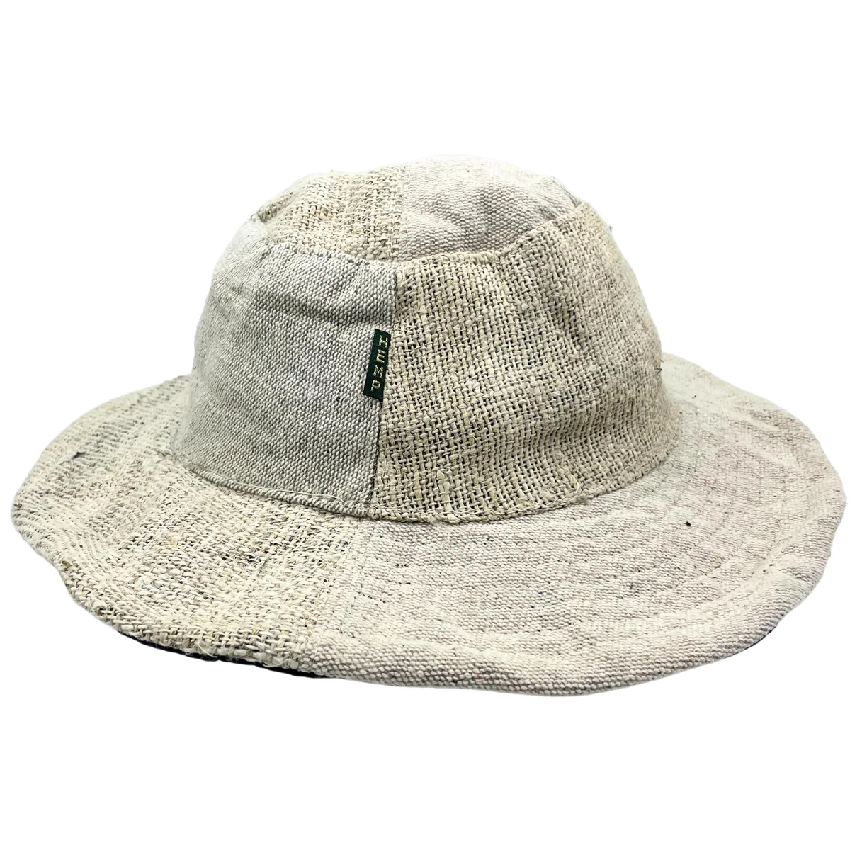 Natural festival hat made from patched hemp and cotton in a boho style, shown on a plain background, natural color