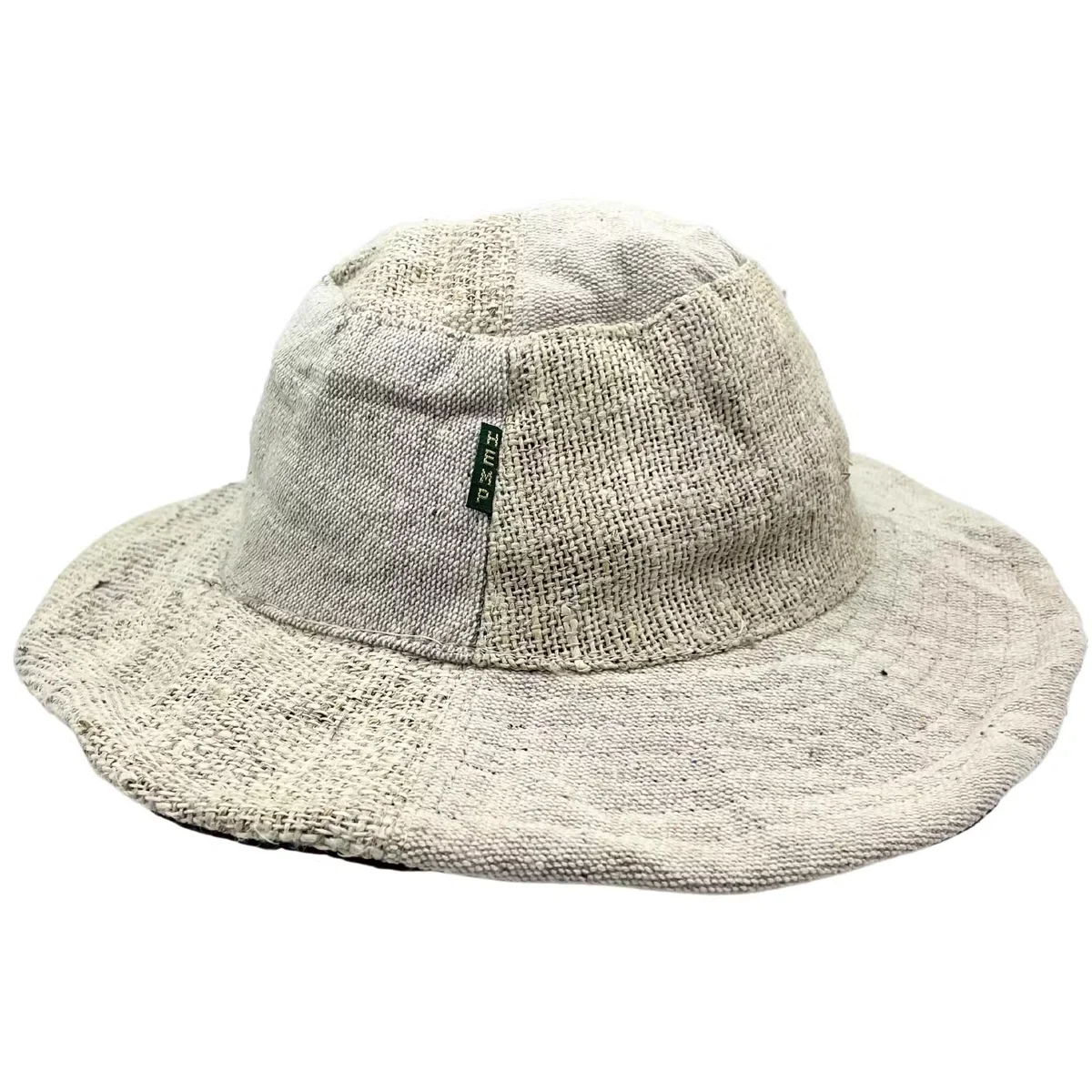 Natural coloured patched wired hat made from hemp and cotton with boho festival style, shown from side angle