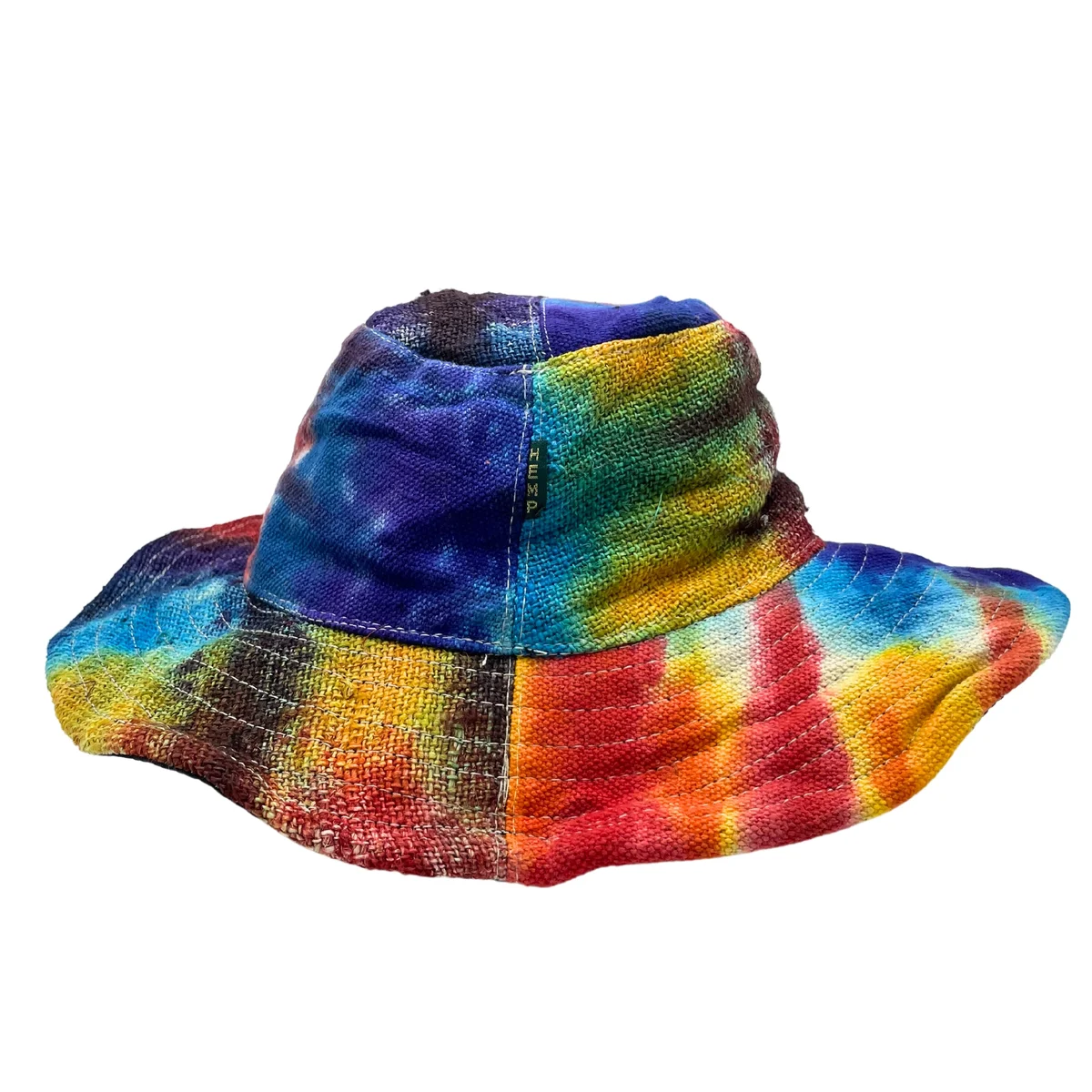 Tiedye patched and wired boho festival hemp cotton hat with mixed fabric textures and vibrant colors, side view