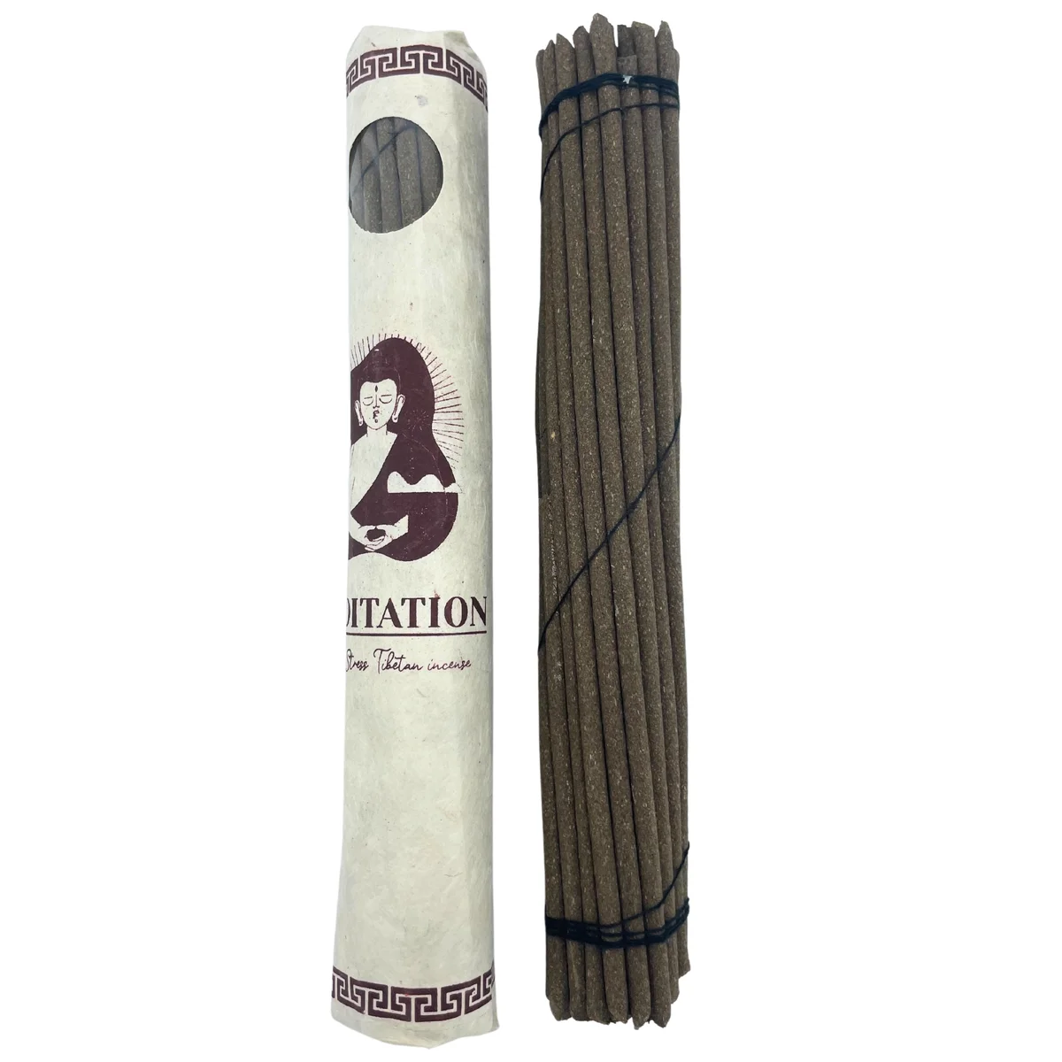 Stack of 30 rolled Tibetan incense sticks in a pack, ideal for meditation.