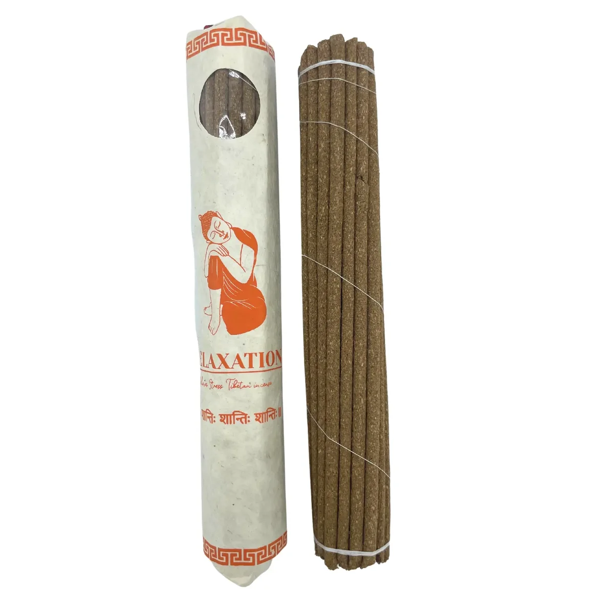 Rolled pack of 30 premium Tibetan relaxing incense sticks arranged neatly on a white background