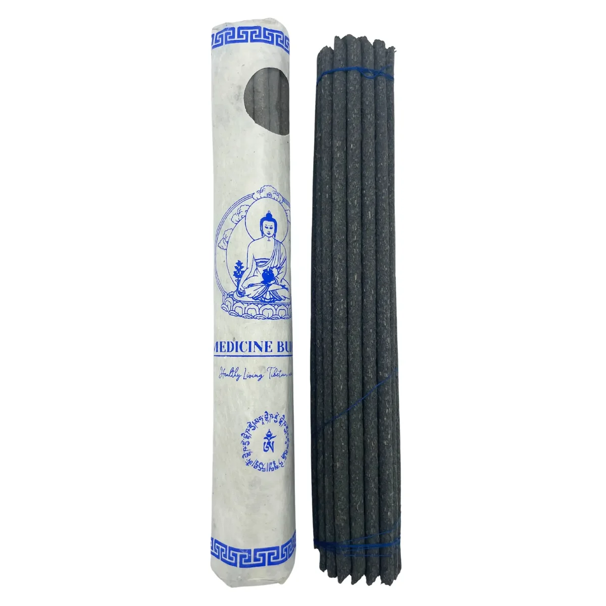 Rolled pack of 30 sticks of premium Tibetan incense featuring Medicine Buddha packaging on white background