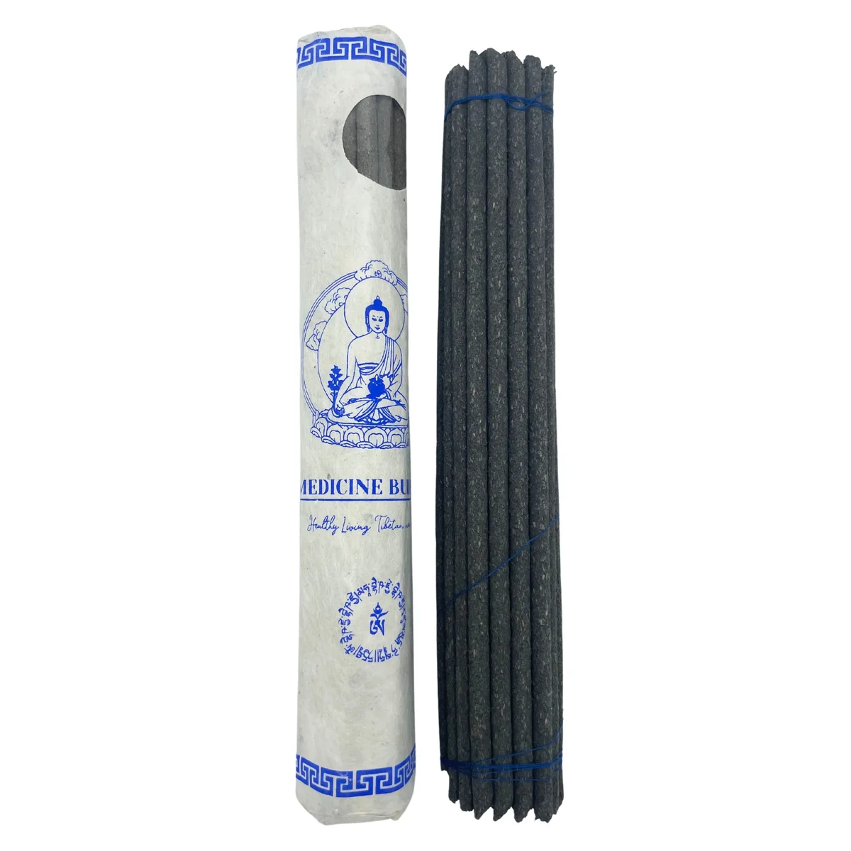 Rolled pack of 30 premium Tibetan Medicine Buddha incense sticks neatly arranged on a white background