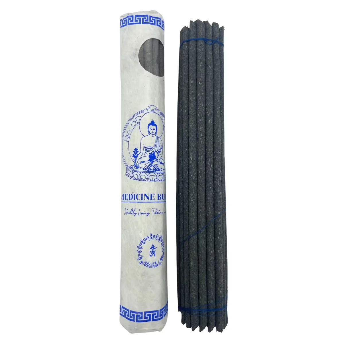 Rolled pack of 30 premium Tibetan rolled incense sticks featuring Medicine Buddha theme on packaging