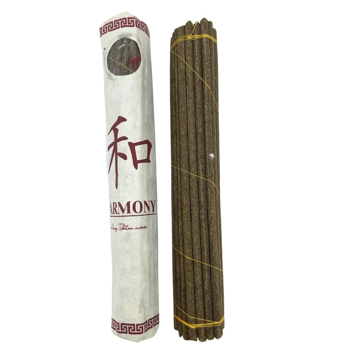 Rolled pack of 30 sticks of premium Tibetan incense labeled Harmony on a plain background