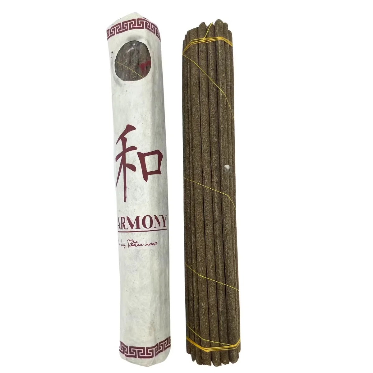 Rolled pack of 30 premium Tibetan incense sticks labeled Harmony arranged on a plain background