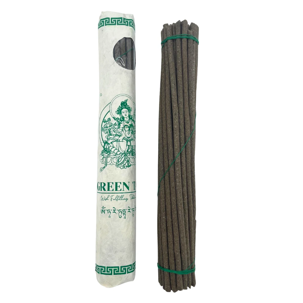 Rolled pack of 30 premium Tibetan incense sticks featuring Green Tara design on packaging