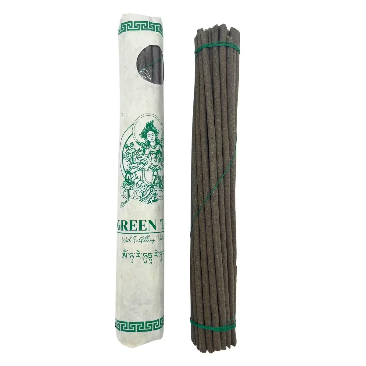 Rolled pack of 30 premium Tibetan incense sticks featuring Green Tara design on packaging against white background