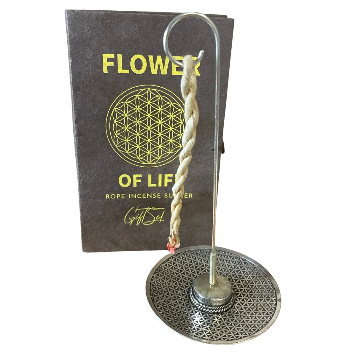 Silver plated holder with flower of life design and rope incense sticks in flower of life incense set