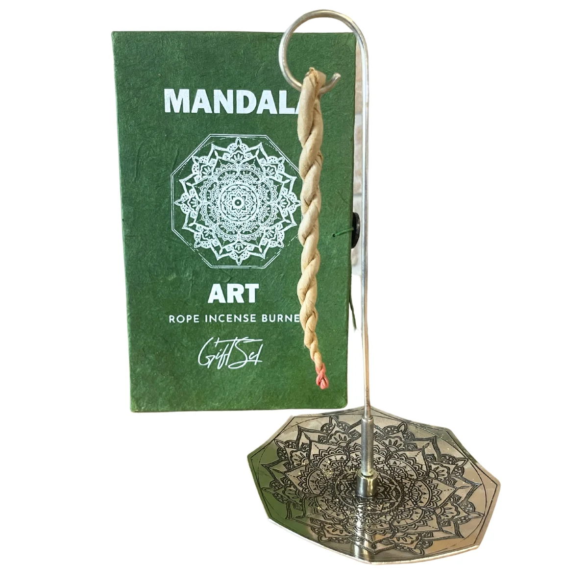 Mandala flower incense set with rope incense sticks and a silver plated holder on a white background
