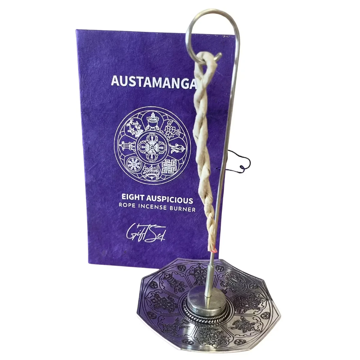 Silver plated incense holder with rope, part of Astamangal set, displayed on white background