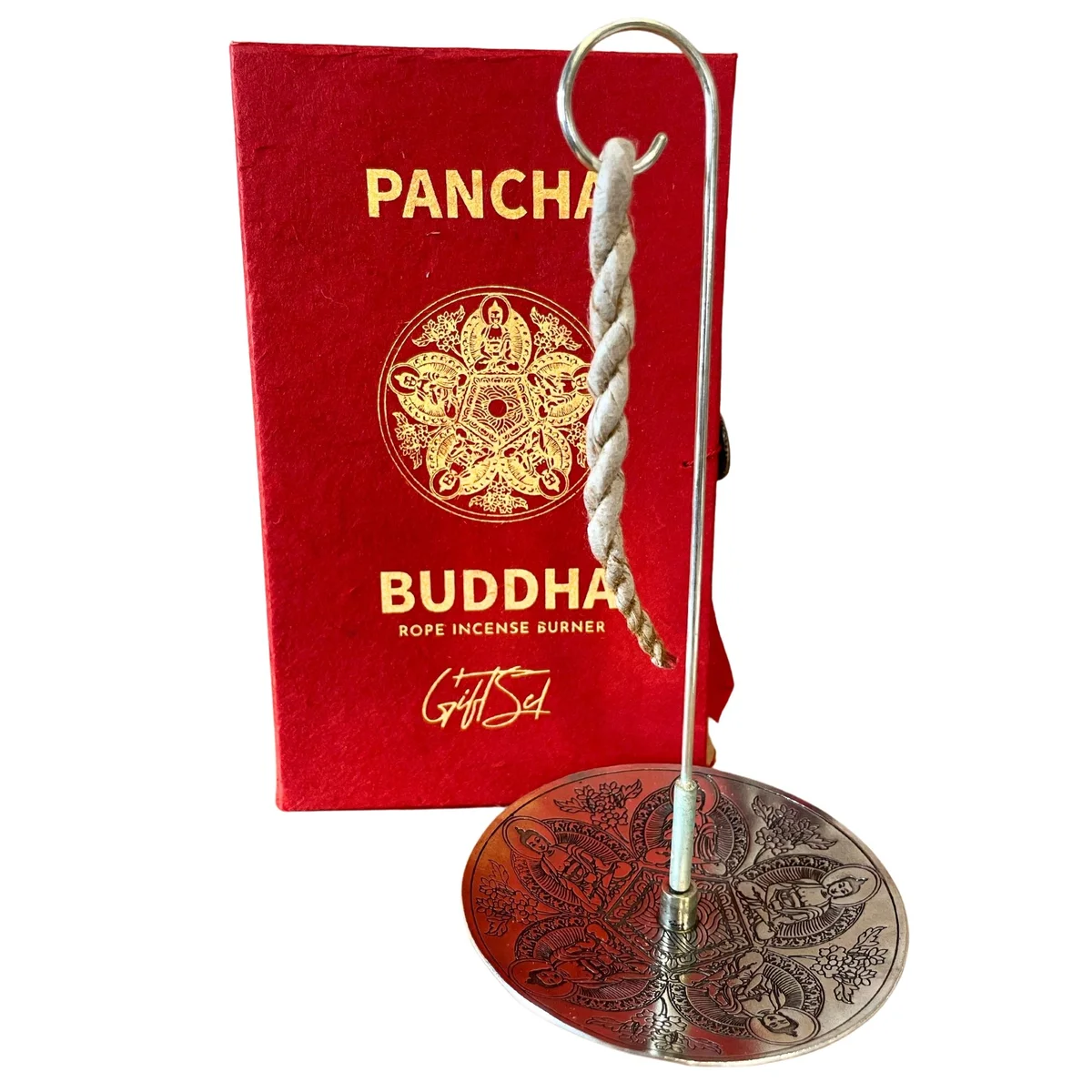 Pancha Buddha rope incense holder set with silver plated holder and natural rope incense sticks on white background
