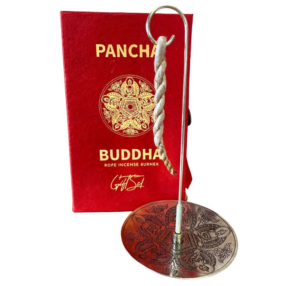 Pancha Buddha incense set with rope incense sticks and silver plated holder on a plain background